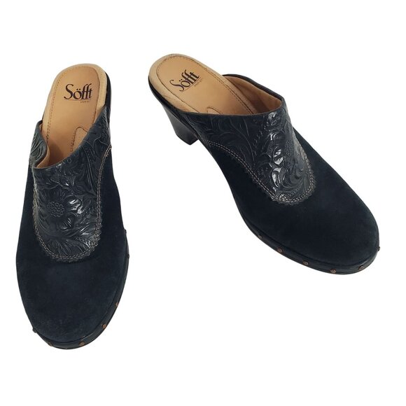 Sofft Shoes - Sofft 8.5 M Clogs Mules Tooled Leather Suede Studded Block Heel CottageCore Rust